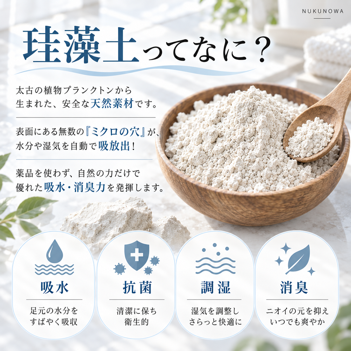 NUKUNOWA™ 折りたためる珪藻土バスマット